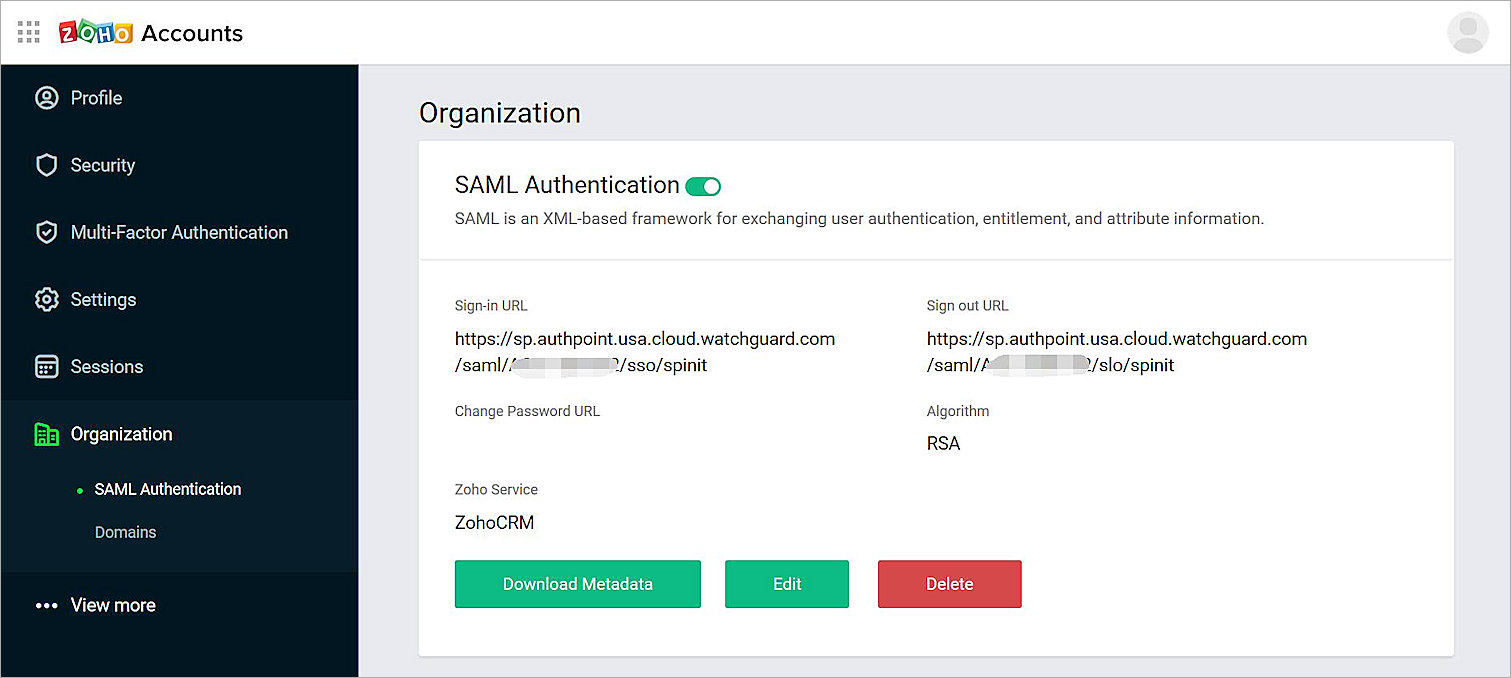 Screen shot of the SAML Authentication